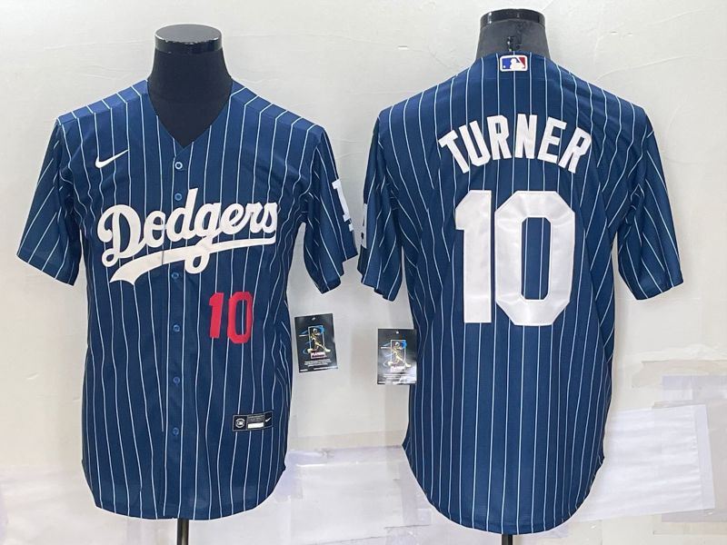 Men Los Angeles Dodgers 10 Turner Blue Stripe Throwback Nike 2022 MLB Jersey
